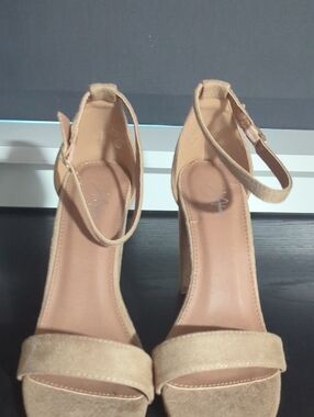 Neutral Beige/Nude Suede Ankle-Strap Block Heels - Women